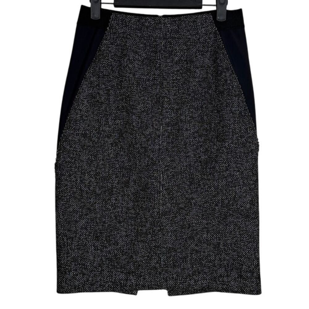 Elie Tahari Knee Length Pencil Side Detail Tweed Skirt Back Slit 4 Grey Black